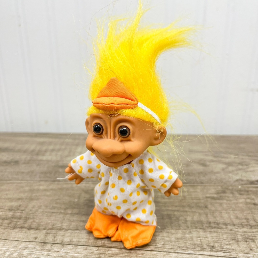 Vintage Troll Doll Yellow Hair Polka Dot Pajamas Duck Hat 3 Inch Figure